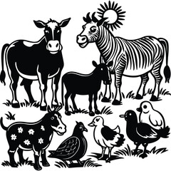 Vector Farm Animals Set. Silhouettes of Cow, Pig, Sheep, Lamb, Hen, Goat, Horse, Turkey. Design elements for emblem, poster, label. Farm Animals icons isolated on white background.Vector Farm Animals
