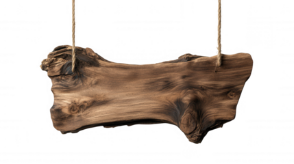 Rustic wooden sign hanging from two ropes, isolated on transparent background, perfect for graphics custom text or adding