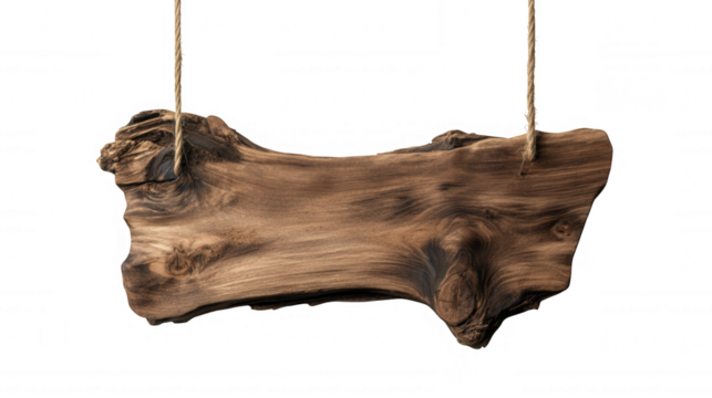 Rustic wooden sign hanging from two ropes, isolated on transparent background, perfect for graphics custom text or adding