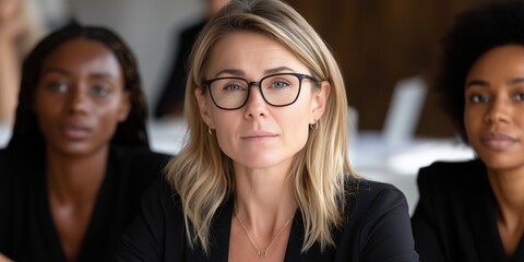 Fototapeta premium Professional woman in glasses in focus among diverse team. leadership and business concepts