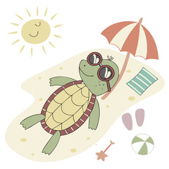 Turtle in Swimsuit and Sunglasses on Beach. Perfect for: Summer, Beach