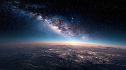Fototapeta premium Awe-inspiring view of Earth from space, showcasing the Milky Way galaxy stretching across a twilight sky.
