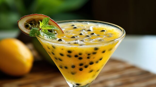 World Passion Fruit Martini Day Tropical passion fruit cocktail with fresh mint garnish in a glass - Powered by Adobe