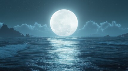 Full moon reflecting on water with clouds and distant land.