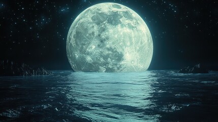 Full moon reflected in water at night with stars in the sky.