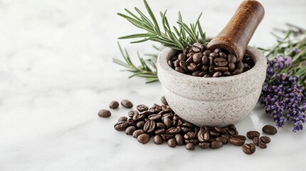 Mortar and pestle with coffee beans and fresh herbs on white marble surface