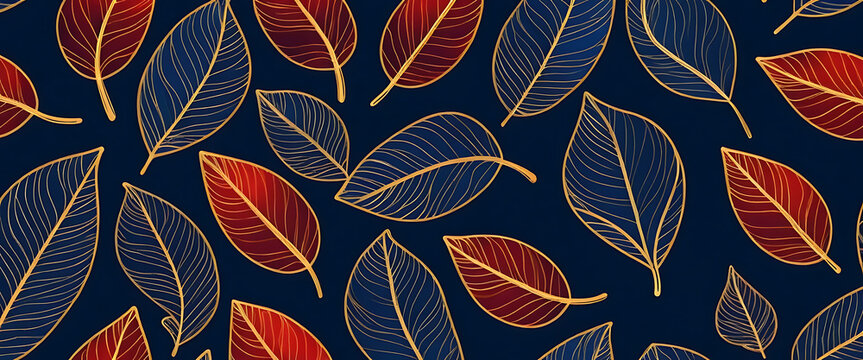 abstract doodle dark blue background, golden and red gradient leaves with flowers seamless pattern, outline art, deep stroke, outline art style,close style, vintage theme, minimalist, seamless, shimme