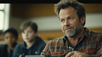 Experienced teacher in a modern classroom engaging with diverse students