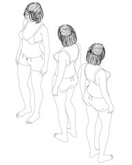 Three women are shown in a line. The women are all wearing bikinis and shorts. The image is a drawing of a woman's body. Isometric view