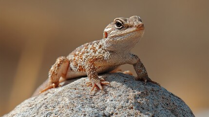 Fototapeta premium Close-up of a small lizard resting on a rock.
