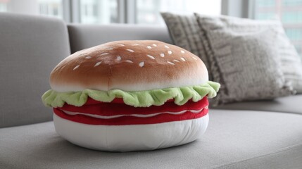 International Burger Day. Plush hamburger cushion on gray sofa with window view- cozy home decor