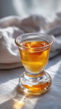Golden honey in glass jar with sunlight reflection on white cloth background Ethiopian tej honey wine