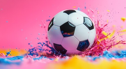 Naklejka premium Soccer ball explosion of vibrant paint colors creating dynamic splash art
