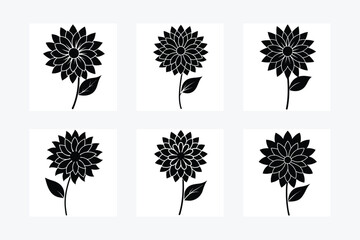 Dahlia Flowers Set Silhouette Vector Illustration.