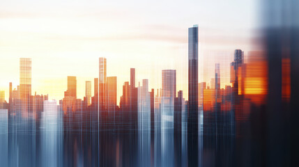 Fototapeta premium vibrant urban skyline at sunset, showcasing tall buildings and blend of warm colors, evokes sense of modernity and energy