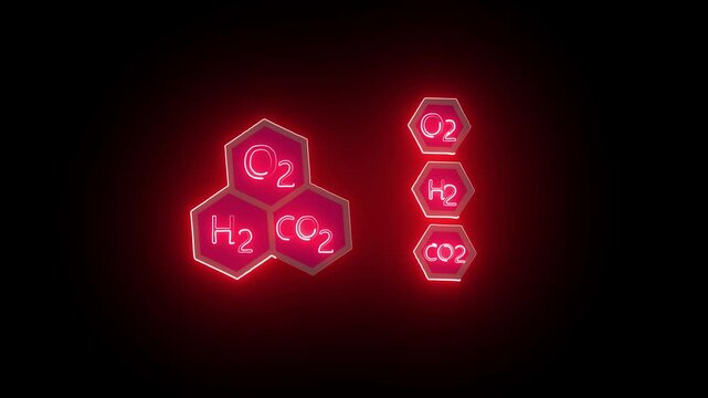 "Neon Chemistry Symbols Animation &ndash; Glowing Molecular Elements (O₂ Glowing neon line Chemical formula consisting of benzene rings icon isolated on black background. 4K Video motion graphic animation. 