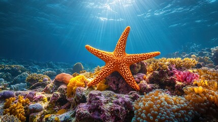 Orange starfish sits on colorful coral reef under blue ocean water.