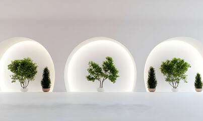 Modern Interior with Decorative Plants in Circular Niches