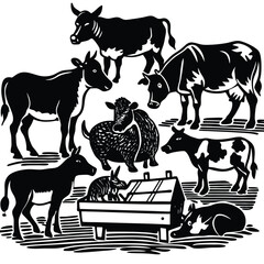 Vector Farm Animals Set. Silhouettes of Cow, Pig, Sheep, Lamb, Hen, Goat, Horse, Turkey. Design elements for emblem, poster, label. Farm Animals icons isolated on white background.Vector Farm Animals
