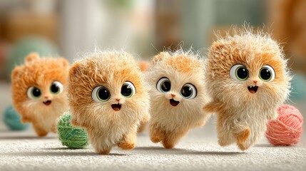 Adorable cartoon kittens playing with yarn