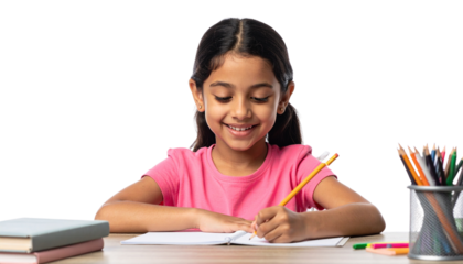 Child writing with pencil at school desk, smiling, logo for school, panaflex, isolated on transparent background.