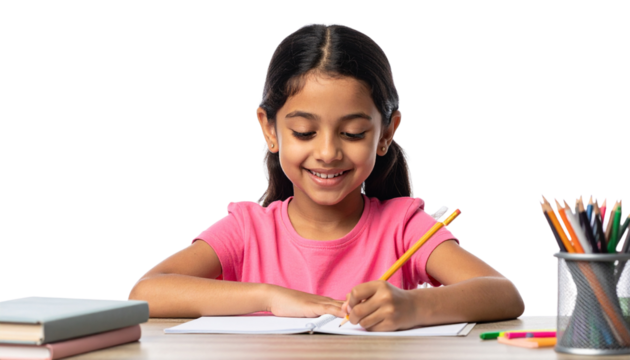Child writing with pencil at school desk, smiling, logo for school, panaflex, isolated on transparent background.