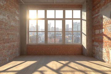 Obraz premium Bright Sunlight Through Large Window in Room with Red Brick Wall and Wooden Floor