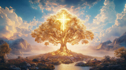 Tree of Light: A majestic golden tree stands tall against a backdrop of blue skies and mountains, its branches reaching towards heaven as a radiant light shines through its center, symbolizing hope.