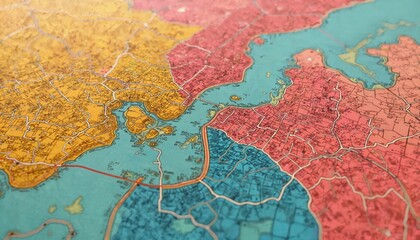 Vibrant aerial cityscape map displaying urban planning. Illustration shows infrastructure, buildings, roads, streets, pattern. Color palette yellow, red, blue, turquoise. Visualization of