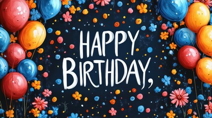 Happy birthday message with colorful balloons and flower decorations on dark background.