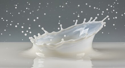 AI image capturing a white milk splash creating a beautiful crown shape with droplets against a neutral grey studio background
