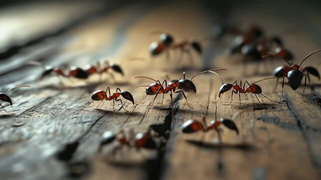 Macro Close up ants walking on the wood floor , 4K video