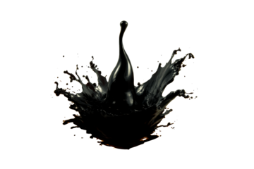 Black liquid splash creates dramatic visual effect on clear background
