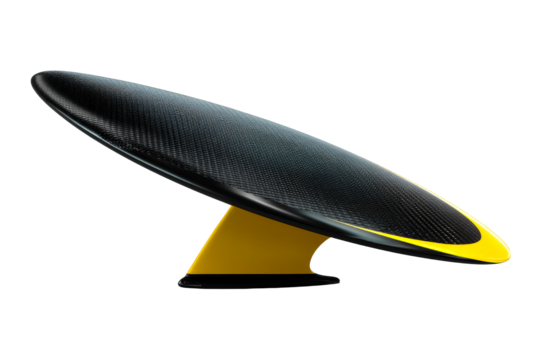 Unique black and yellow surfboard design with transparent background