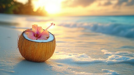Coconut drink with flower on beach at sunset ocean waves.