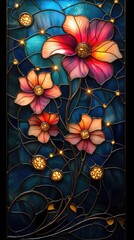 Stained glass with pink flowers swirling in a night sky, golden stars shining, pink and blue backdrop, soft gold accents.