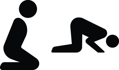 Perform Salat silhouette icons set in trendy black flat styles. Muslim prayer symbols signs vectors illustration collection isolated on transparent background.