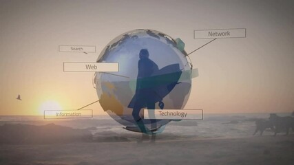 man walking sunset beach holding helmet, with 3D globe, teal ribbons and technology web labels - Powered by Adobe