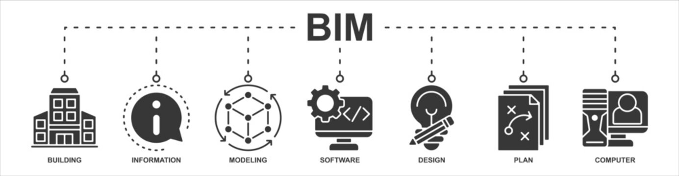 BIM banner web icon sheet vector illustration concept with icon of building, information, modeling, software, design, plan, computer
