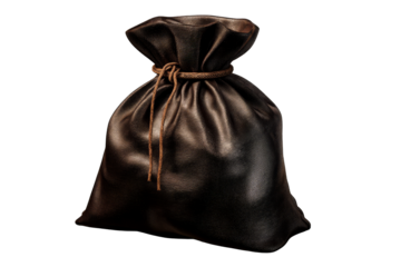 Dark burlap sack tied with a rope on a transparent background
