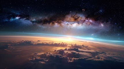 Obraz premium Majestic view of Earth and the Milky Way galaxy from space, showcasing a breathtaking sunrise and swirling clouds.