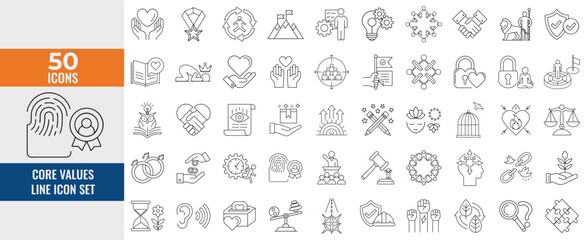 Core Values Line Icon Set – Thin Linear Vector Symbols of Business Ethics, Teamwork, Leadership, Integrity, Trust, Innovation, Diversity & Sustainability