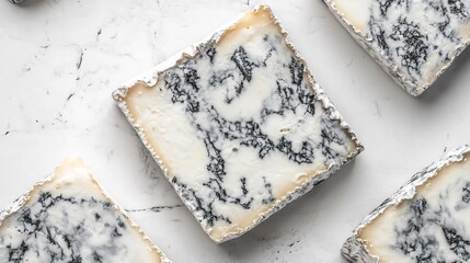 Overhead view of French Roquefort blue cheese clean white surface showcasing marbled blue veins crumbly texture classic bold flavored cheese south of France cut out on isolated transparent background