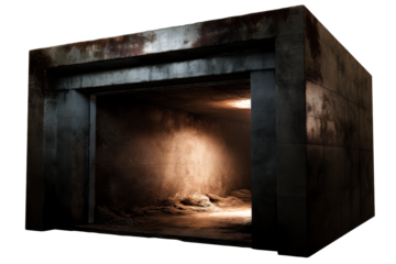 Dark, abandoned storage space with dim lighting and rough walls