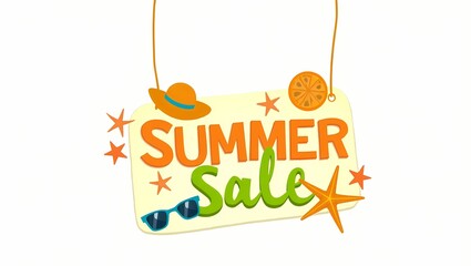Summer Sale Sign: A vibrant, inviting sign announces a summer sale, adorned with playful illustrations of beach-themed elements like a hat, sunglasses, and starfish.