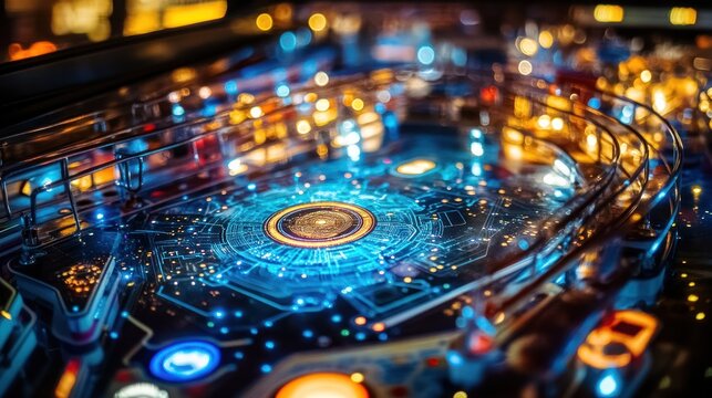 Close up view of a pinball machine in play, glowing lights, a game room background