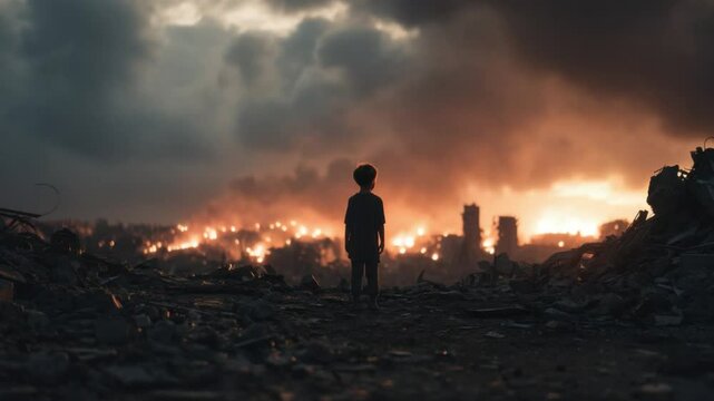 Child amidst the Ashes: A lone child stands silhouetted against a fiery, dystopian backdrop, reflecting themes of resilience and environmental destruction