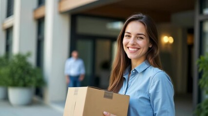 Smiling Woman Holding Cardboard Box Outside Modern Building Entrance - Powered by Adobe