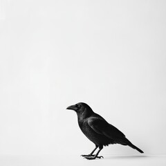 Black Crow on White Background Minimalist Monochrome Bird Photography