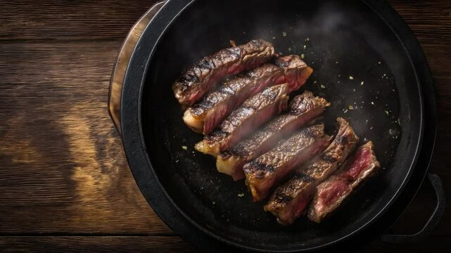 Sizzling Steak Sensation: Capturing the art of culinary, a succulent steak, meticulously seared and sliced, inviting the taste buds with its tantalizing aroma, steam rising from the perfect cuts